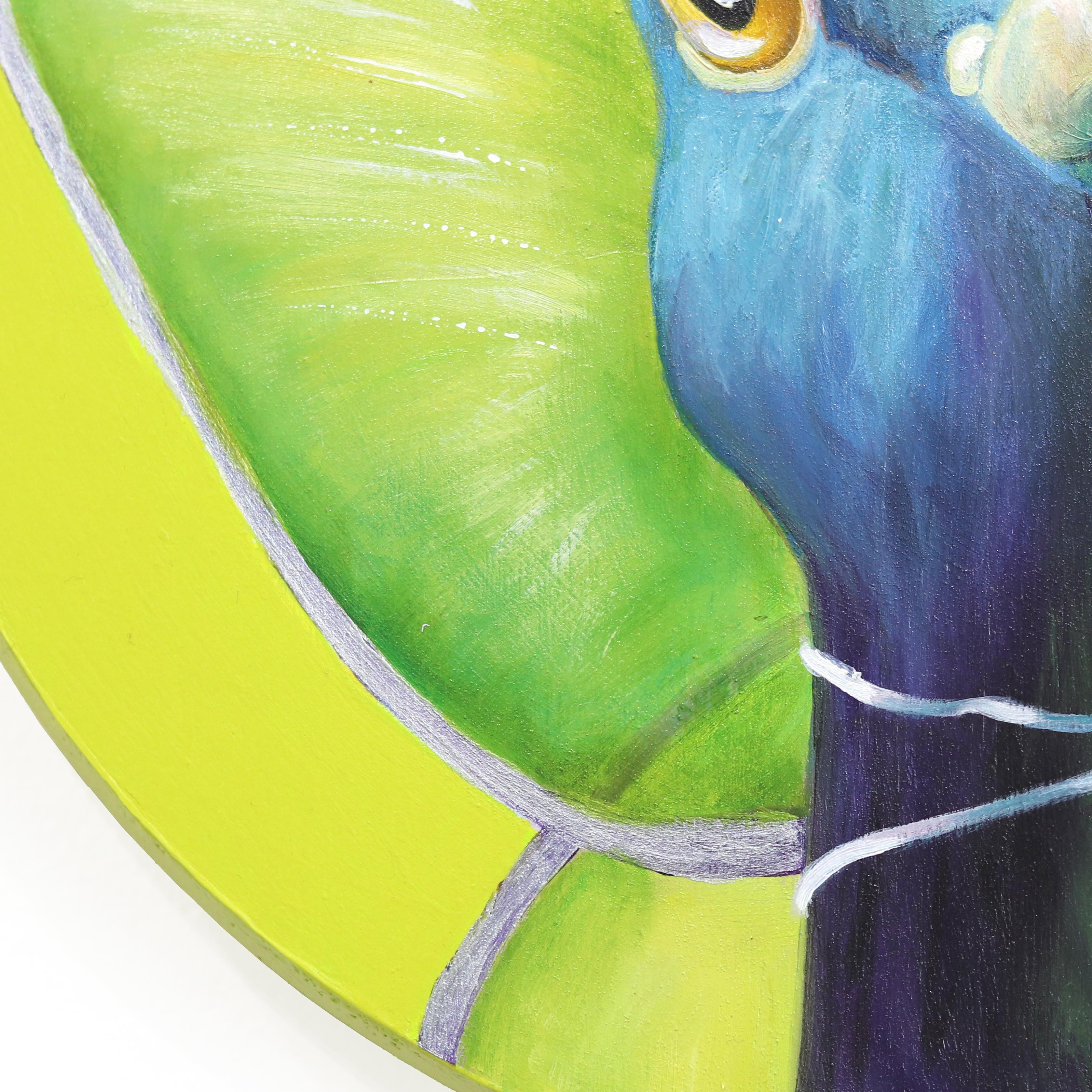 Hada de la cereza de vainilla - Pintura caprichosa de pájaros verdes y comida en venta 3