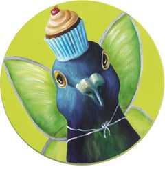 Vanilla Cherry Fairy - Whimsical Green Bird and Food Painting