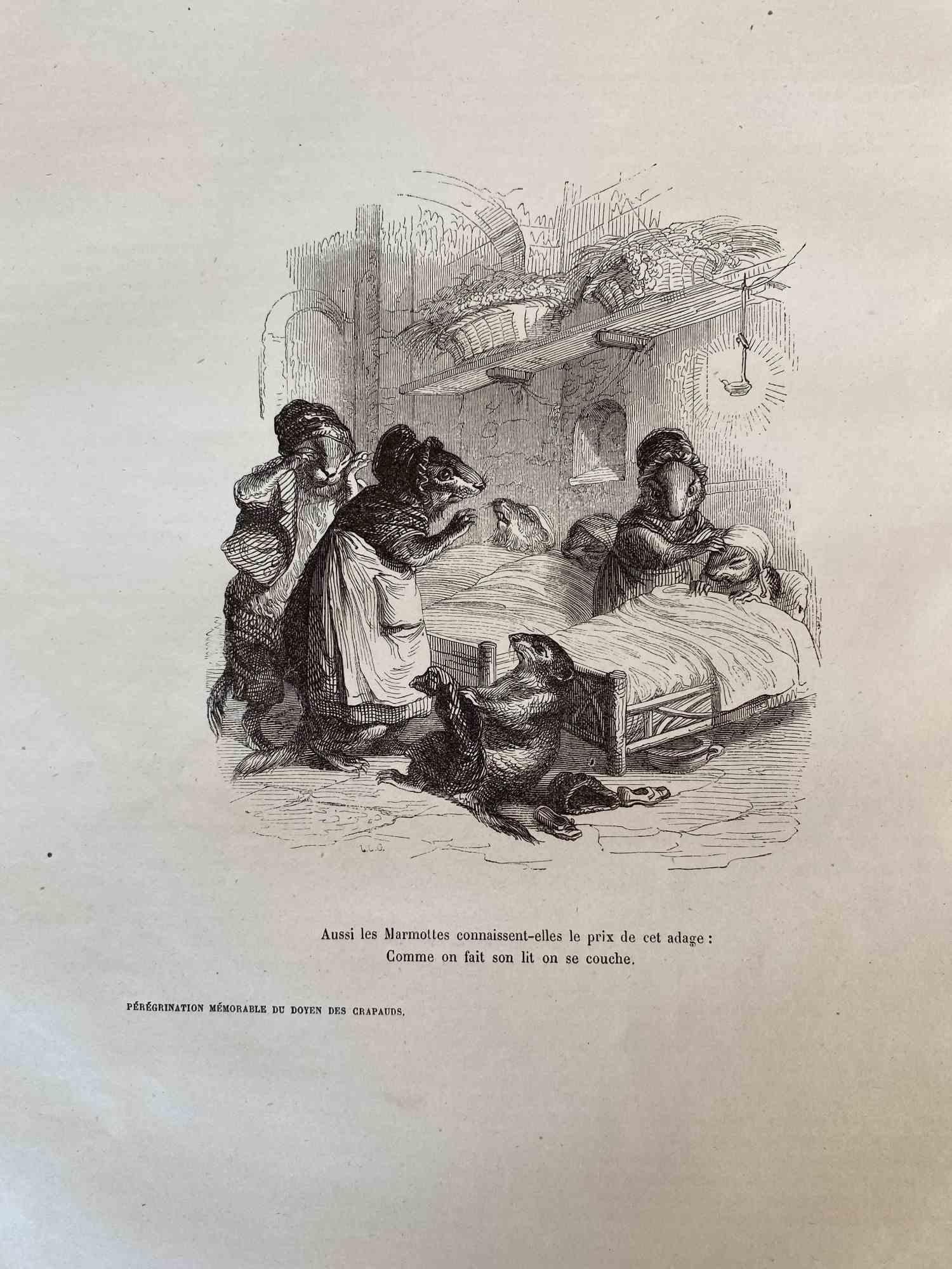 Good Night Darling Mouses est une lithographie originale sur papier couleur ivoire réalisée par J.J. Grandville, extrait de Scènes de la vie privée et publique des animaux, 1852. Publié par Manesq & Harvard, Paris. 

Avec la description et les notes