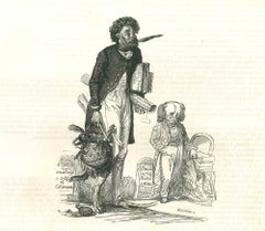 Nel cimitero - Litografia originale di J.J. Grandville - 1852