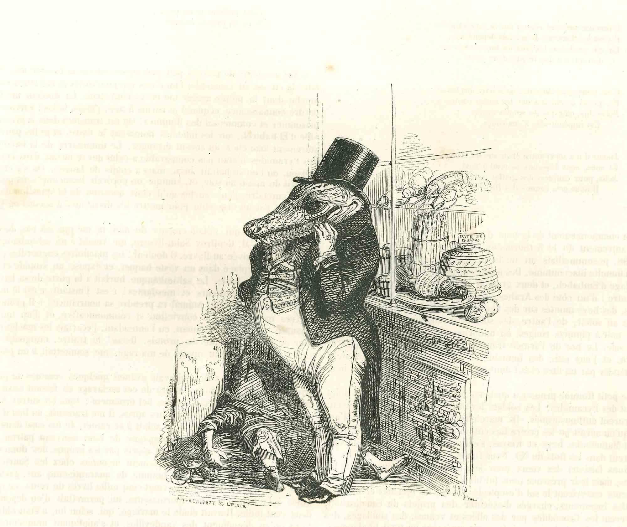 The Boss Crocodile is an original lithograph on ivory-colored paper realized by J.J. Grandville from Scènes de la vie privée et publique des animaux, 1852. Published by Manesq & Harvard, Paris. 

Good Conditions.

With the note in French on the