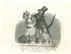 Lithographie de J.J. Bride And Groom Cats On the Roof (La mariée et le marié mariant chats sur la sabot) Grandville - 1852