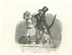 Vintage The Bride And Groom Cats On the Roof - Lithograph by J.J. Grandville - 1852