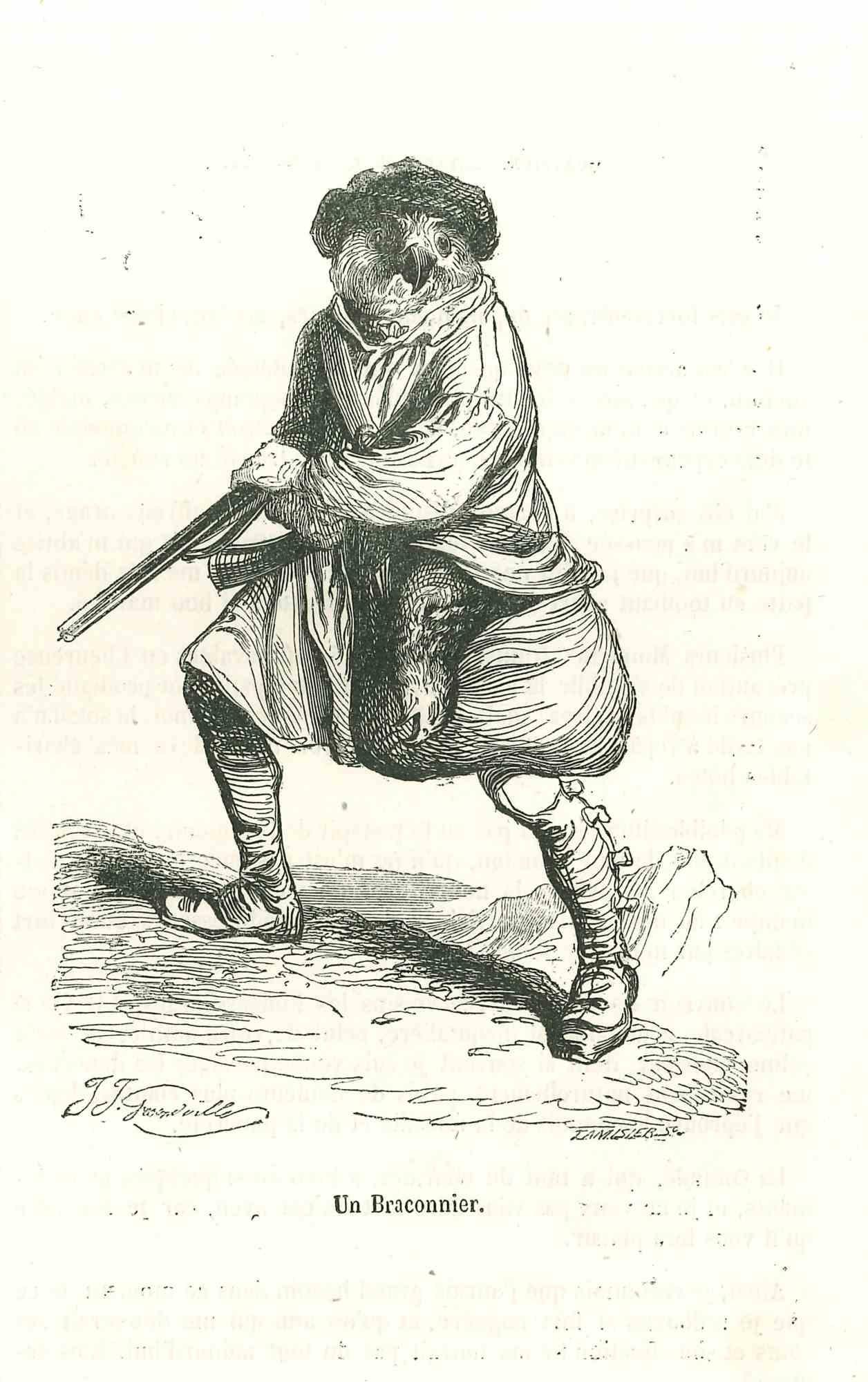 Figurative Print di J. J. Grandville - L'uccello cacciatore - Litografia originale di J.J. Grandville - 1852