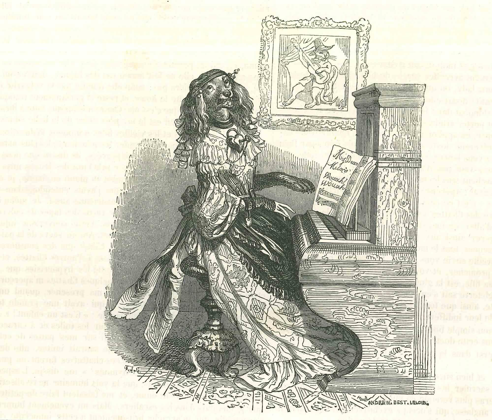 The Lady Dog Playing Piano - Original Lithograph by J.J. Grandville - 1852