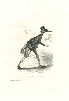 The Postman Bird Carrying Letters - Lithograph by J.J. Grandville - 1852