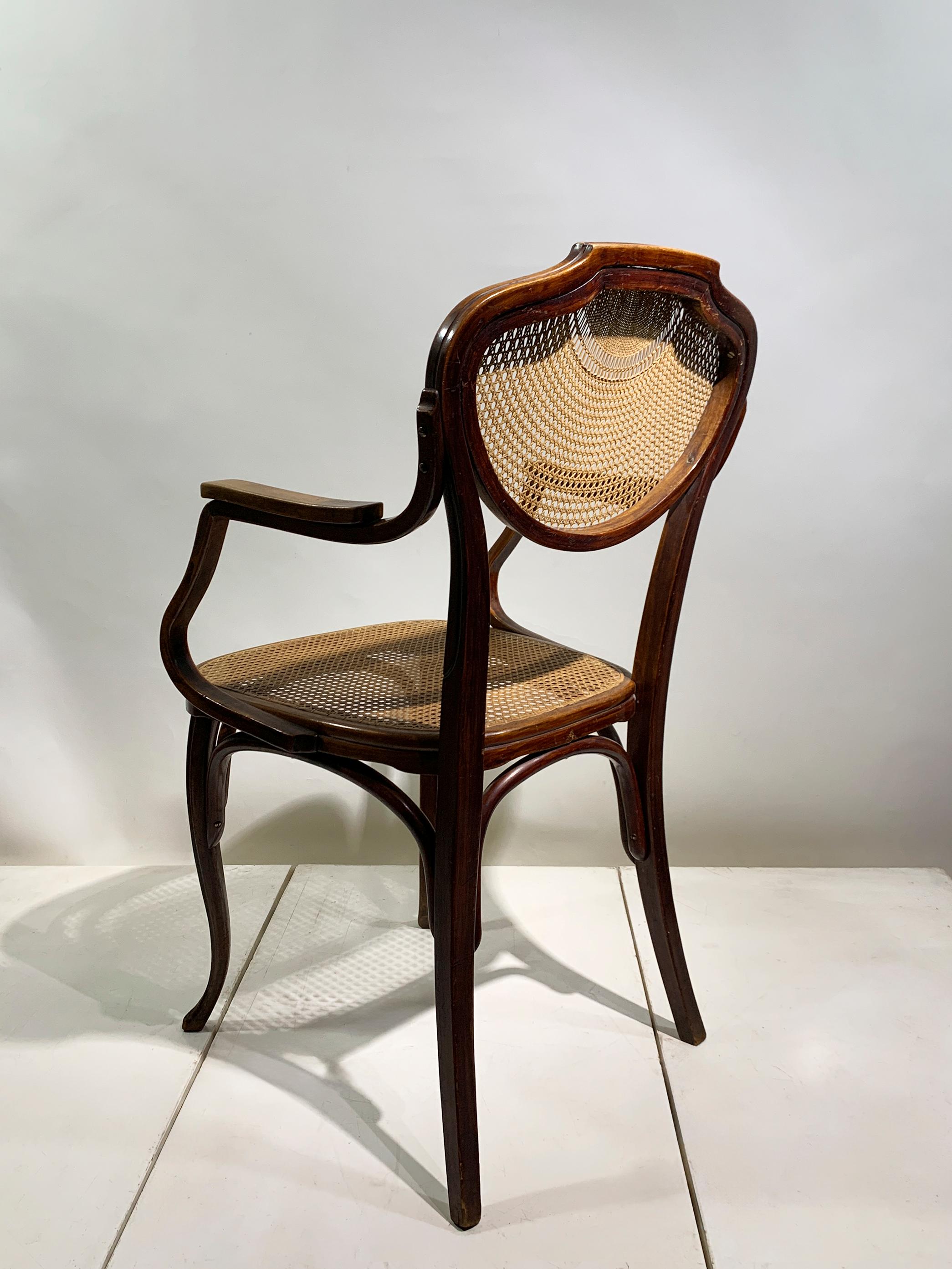 Jugendstil J&J Kohn Bentwood Armchair with Rattan Seat and Back, Austria , circa 1900 For Sale