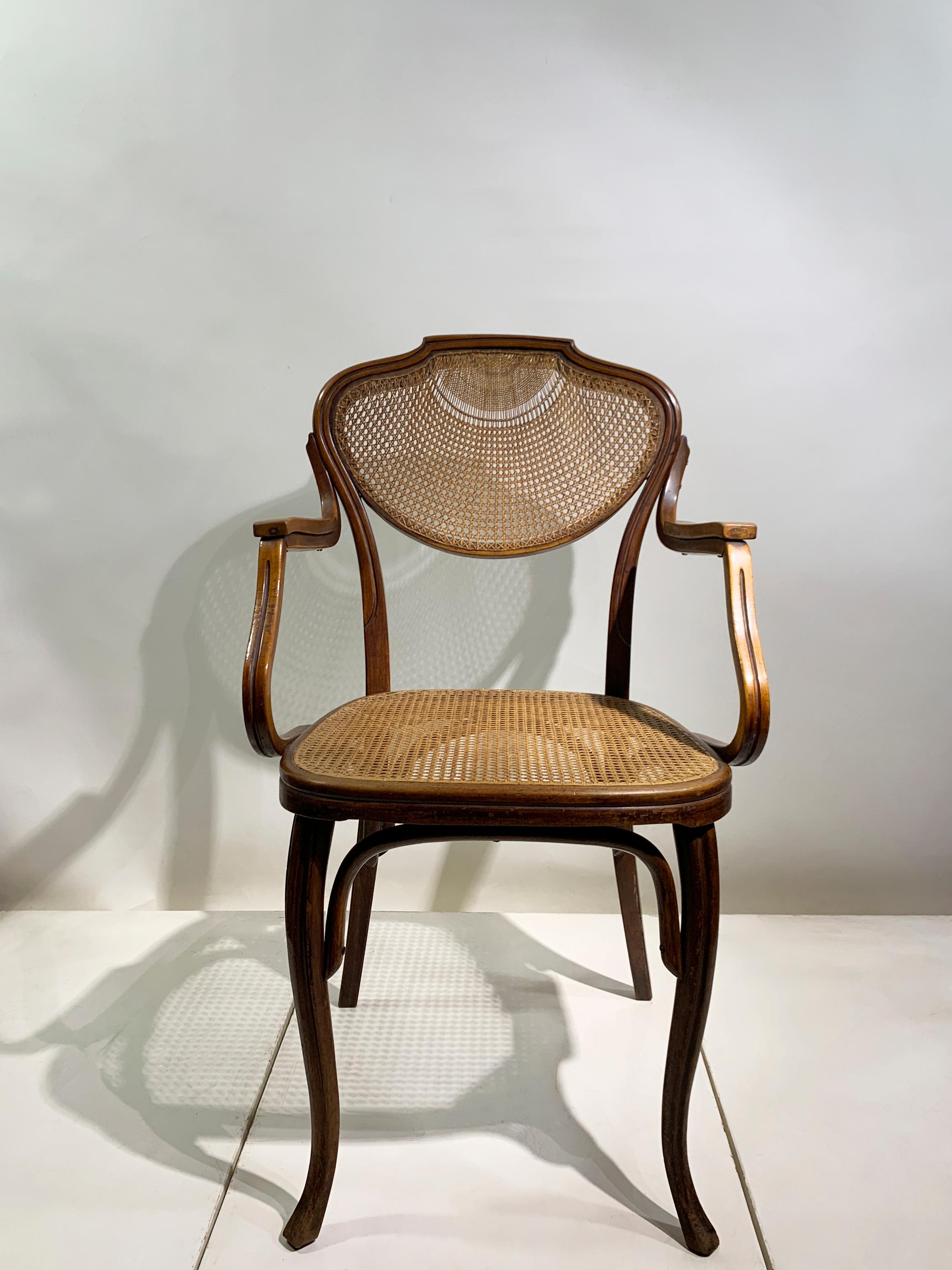 J&J Kohn Bentwood Armchair with Rattan Seat and Back, Austria , circa 1900 In Good Condition For Sale In Beirut, LB
