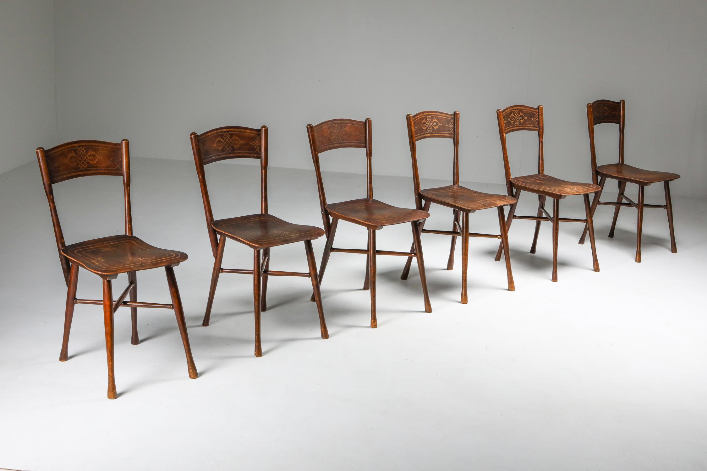Bistro dining chair, set of six, JJ Kohn, Austria, 1900

Not a typical bentwood chair, but solid turned wood. 
The back rest connects straight down to the legs

Jacob & Josef Kohn, also known as J. & J. Kohn, was an Austrian furniture maker and