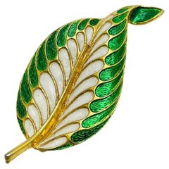 Vintage JJ signed gold enamel leaf massive designer brooch