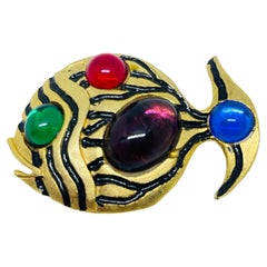 JJ signed vintage gold tone jewel cabochon enamel fish figural designer brooch