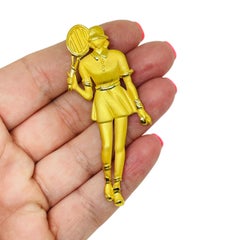 JJ signed vintage gold tone lady tennis player figural designer brooch