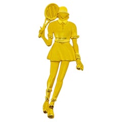 JJ signed vintage gold tone lady tennis player figural designer brooch