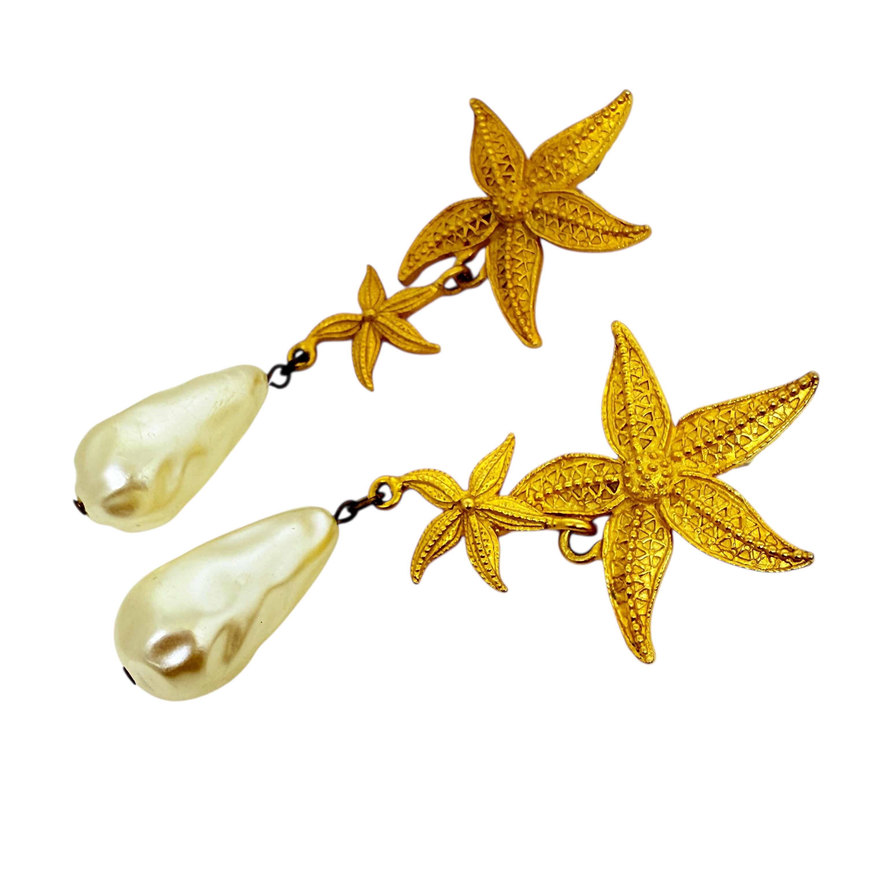 JJ signiert Vintage Gold Ton Seestern Designer baumeln Perlenohrringe für Damen oder Herren im Angebot