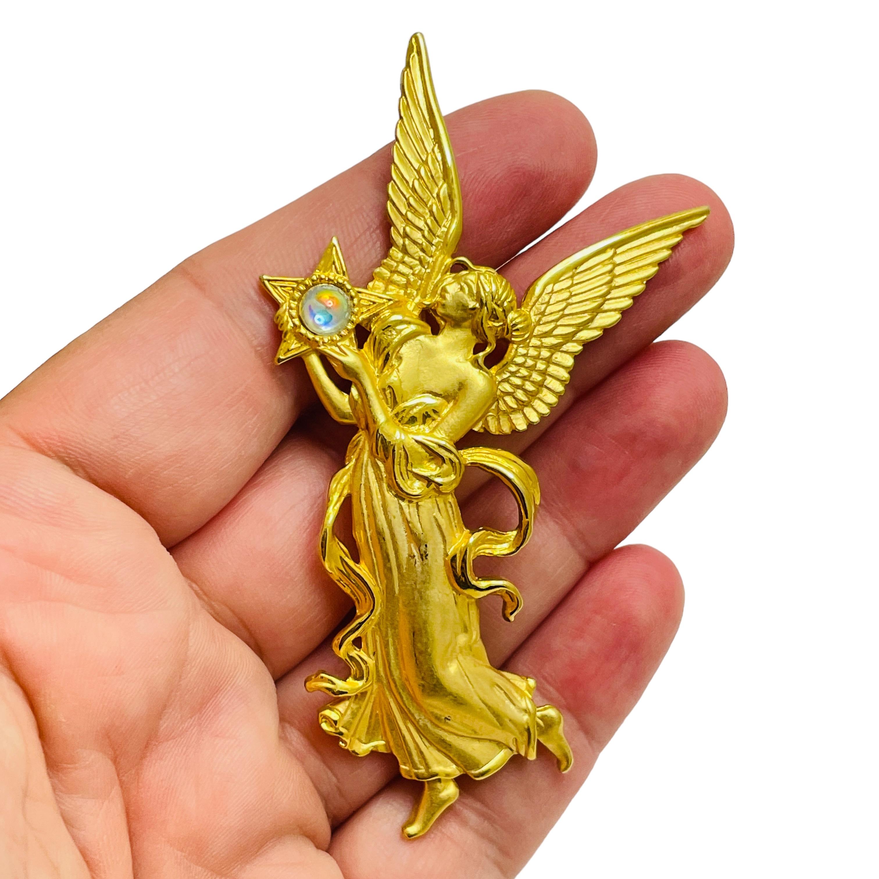 Women's JJ signed vintage matte gold rhinestone angel designer brooch For Sale