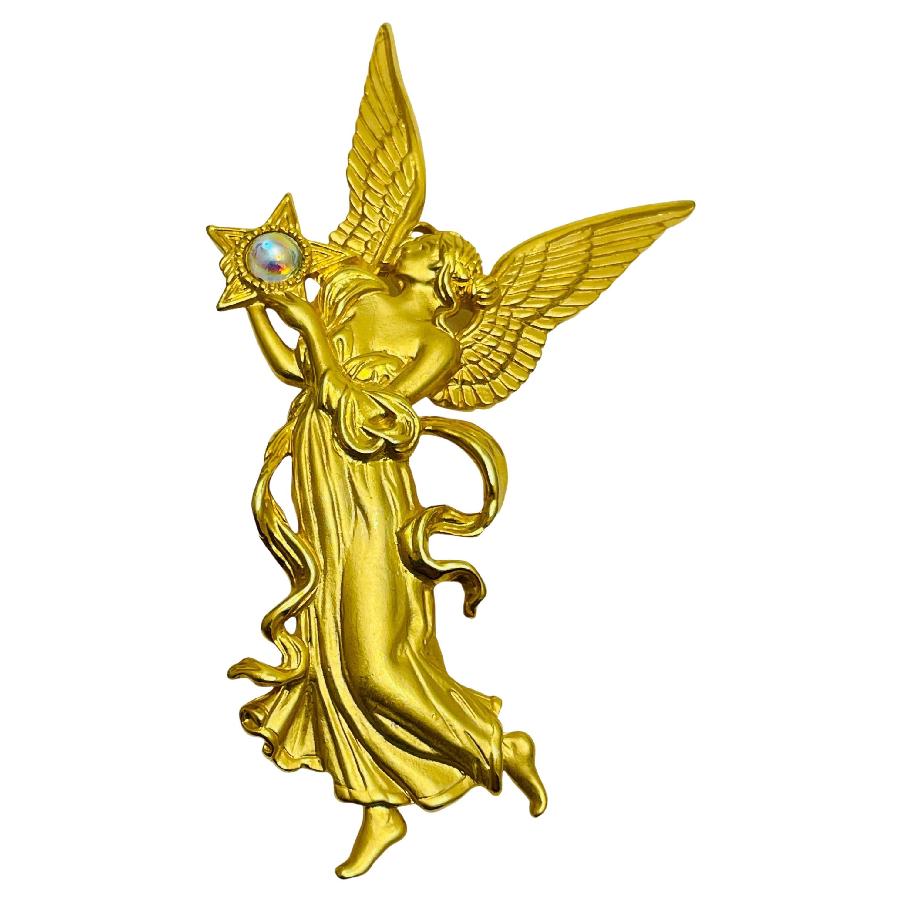 JJ signed vintage matte gold rhinestone angel designer brooch For Sale