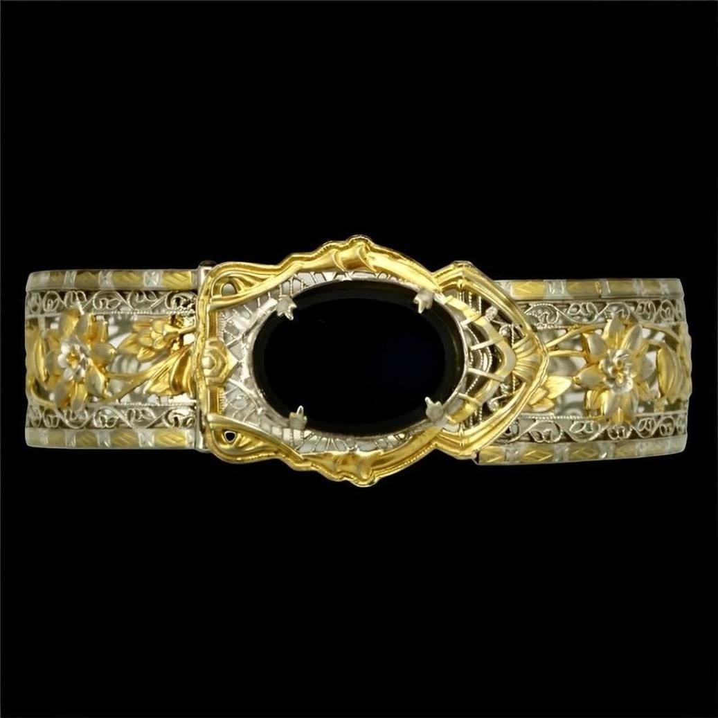 JJ White Art Deco Gold and Silver Plated Filigree Black Stone Bangle Bracelet 6