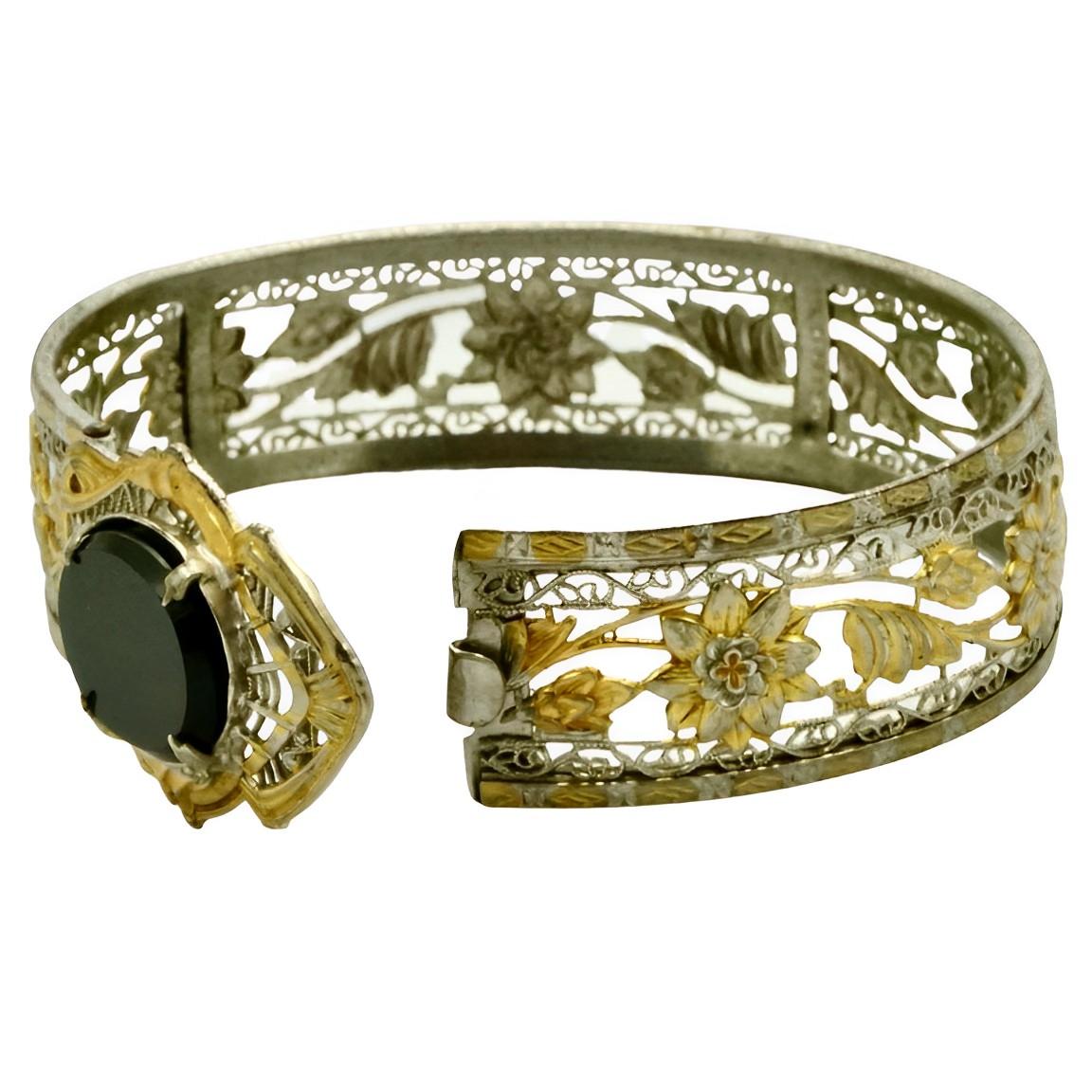 JJ White Art Deco Gold and Silver Plated Filigree Black Stone Bangle Bracelet In Good Condition In London, GB