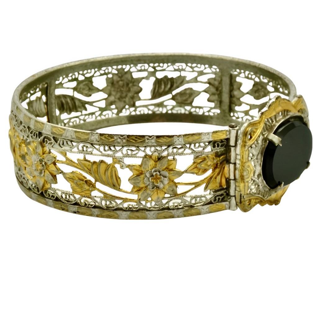 Women's or Men's JJ White Art Deco Gold and Silver Plated Filigree Black Stone Bangle Bracelet