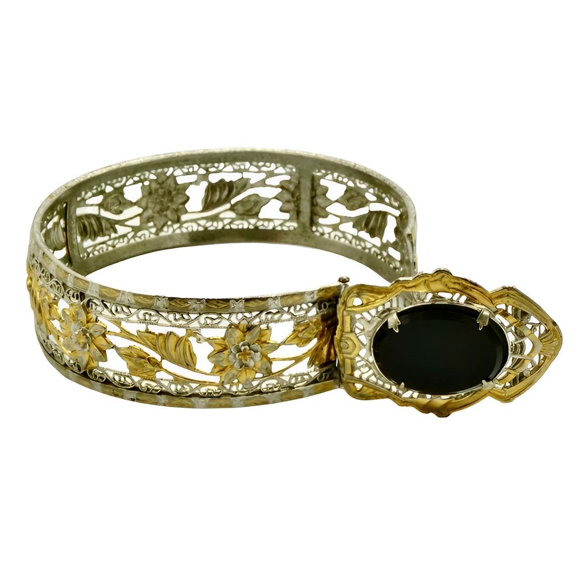 JJ White Art Deco Gold and Silver Plated Filigree Black Stone Bangle Bracelet 1