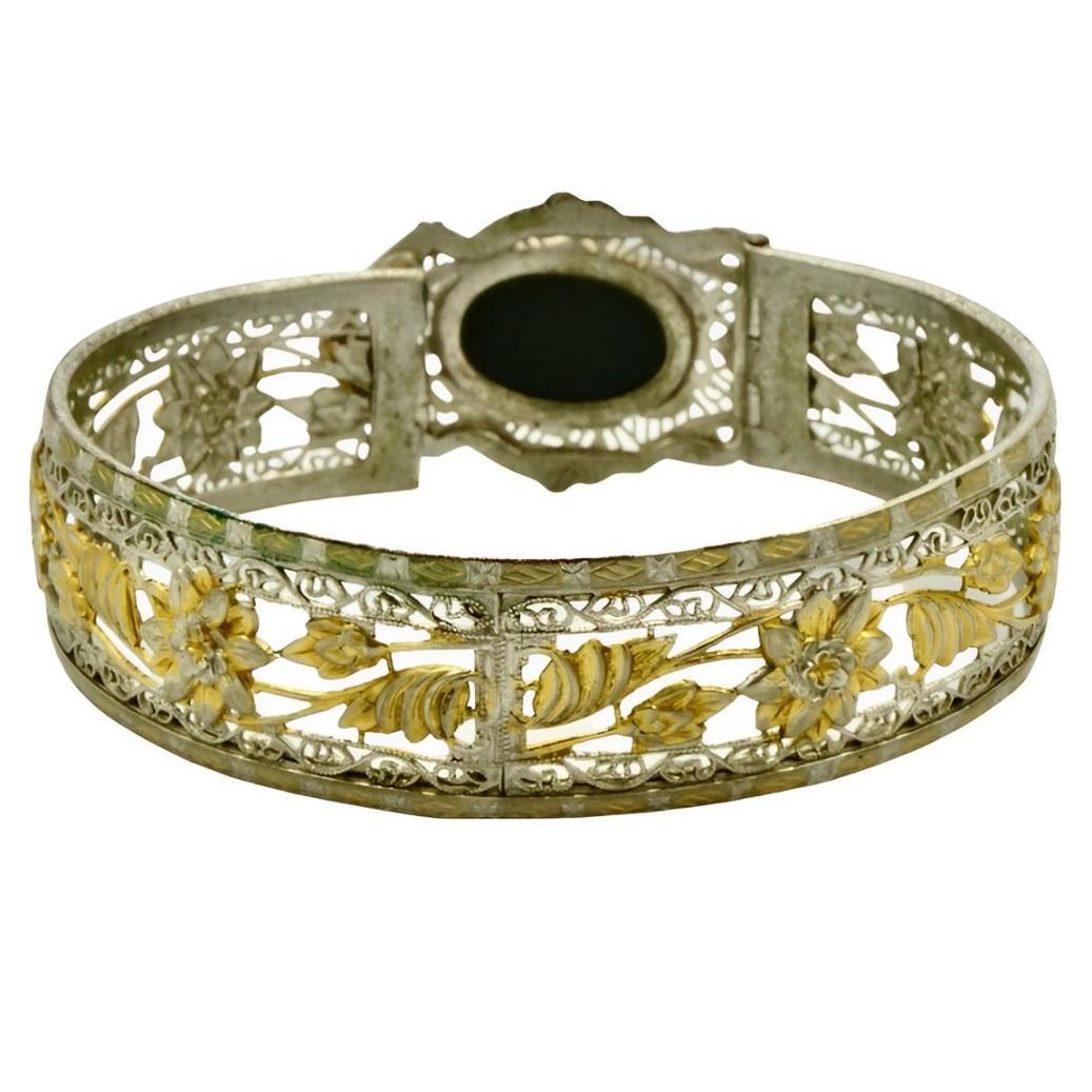 JJ White Art Deco Gold and Silver Plated Filigree Black Stone Bangle Bracelet 2