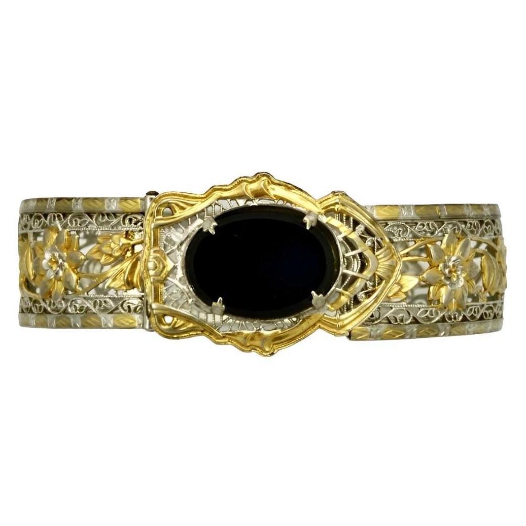 JJ White Art Deco Gold and Silver Plated Filigree Black Stone Bangle Bracelet 3