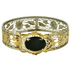 JJ White Art Deco Gold and Silver Plated Filigree Black Stone Bangle Bracelet