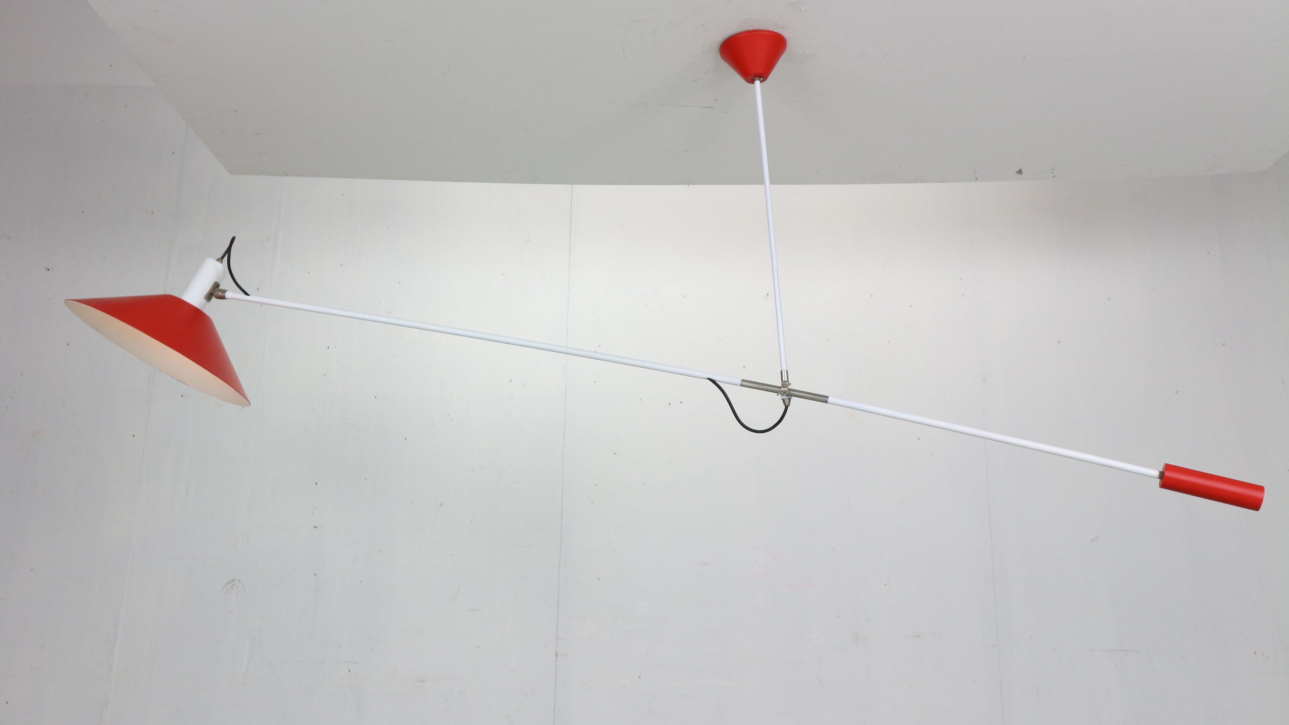 J.J.J. Hoogervorst Red Counter Balance Ceiling Lamp by Anvia Holland, 1950 In Good Condition For Sale In The Hague, NL