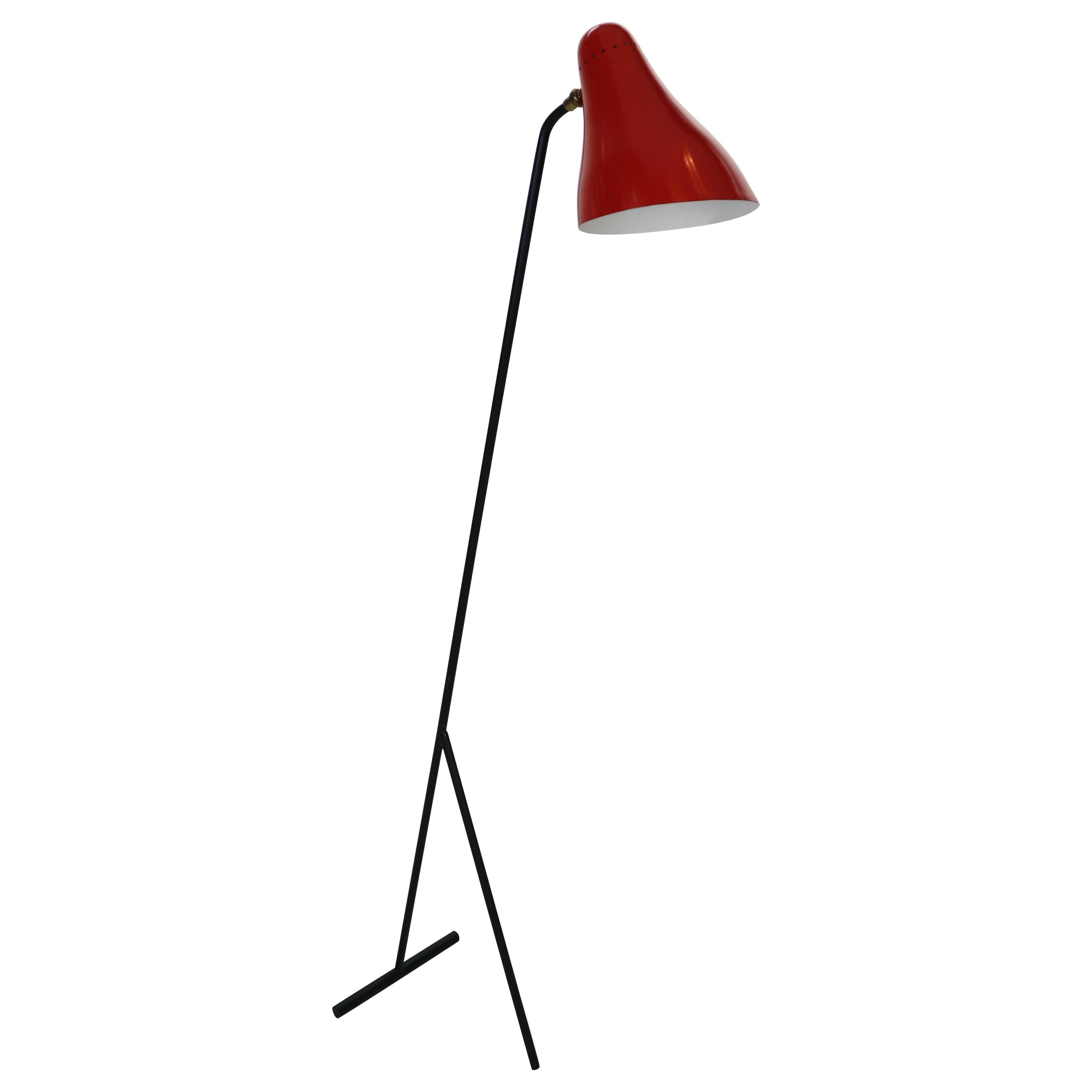 JJM Hoogervorst Anvia "Model 1503" Red Floor Lamp, 1955 Dutch Minimalistic