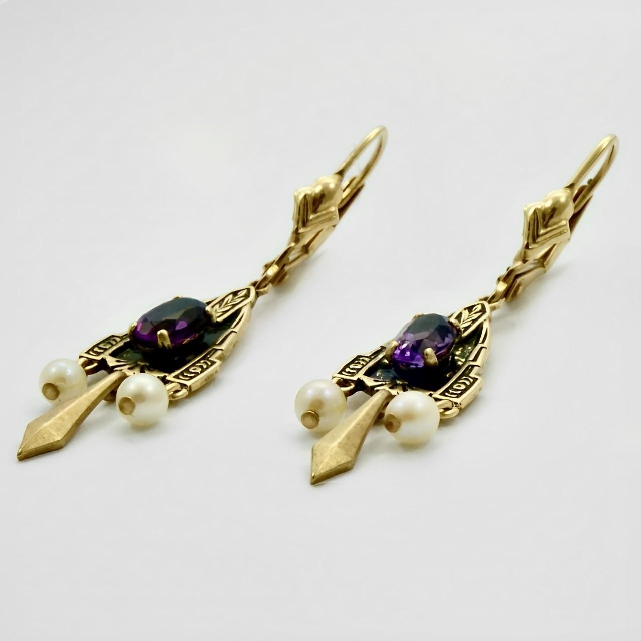 Victorian JJT 14K Gold Cultured Pearl and Purple Stone Leverback Earrings For Sale