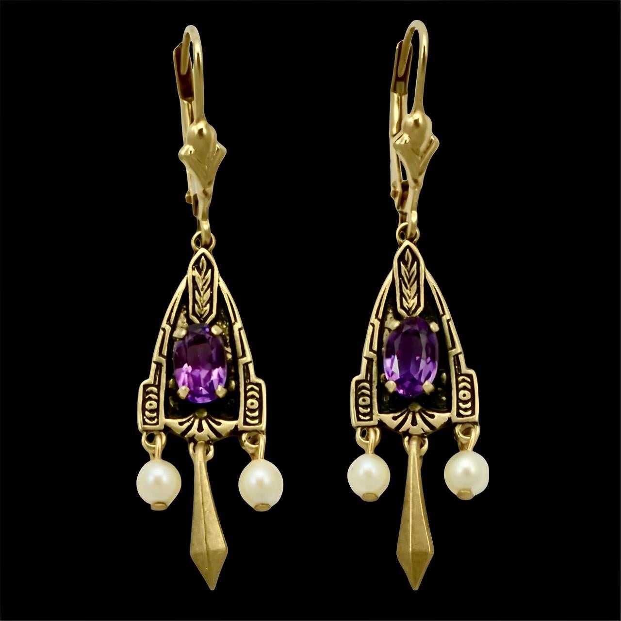 JJT 14K Gold Cultured Pearl and Purple Stone Leverback Earrings For Sale 1