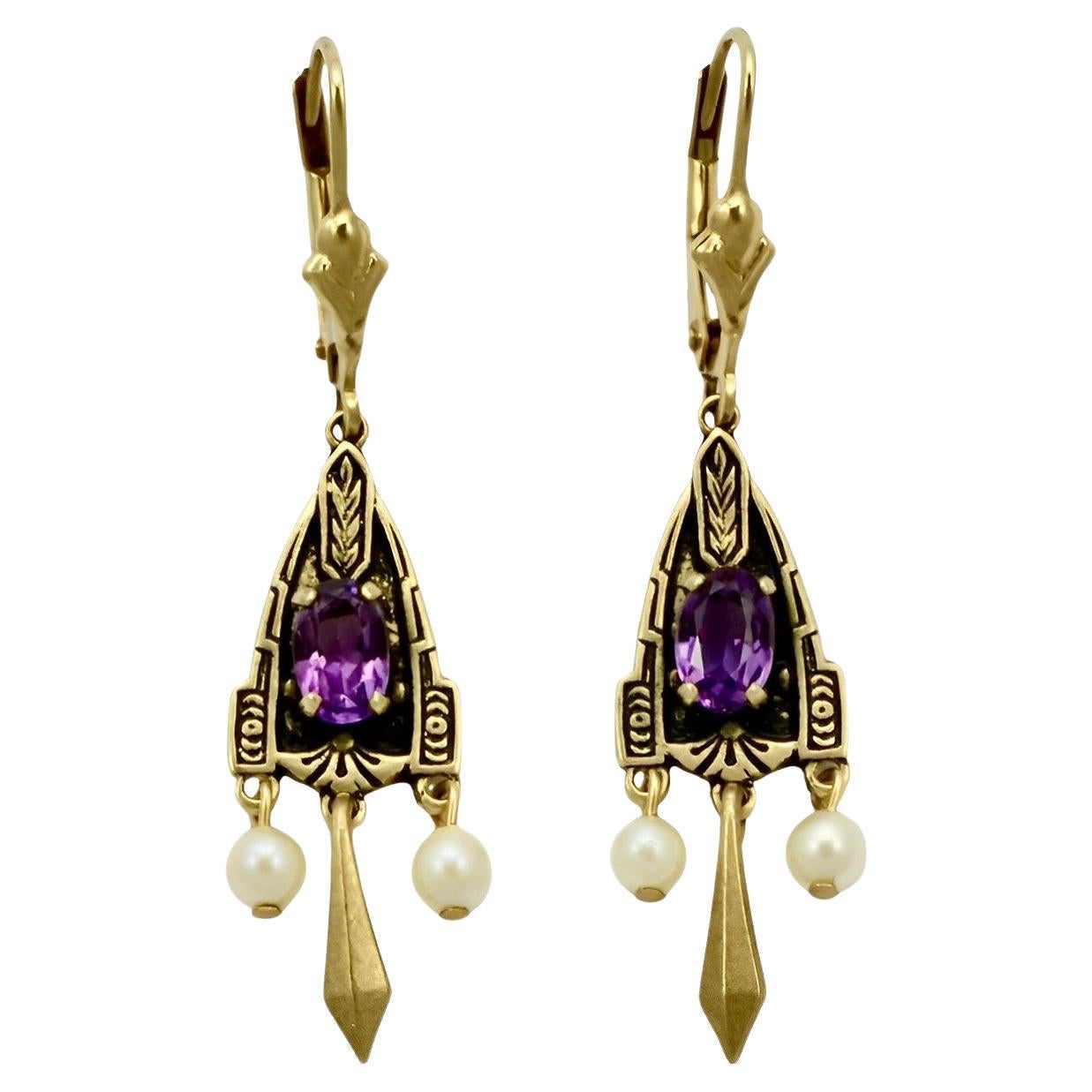 JJT 14K Gold Cultured Pearl and Purple Stone Leverback Earrings For Sale