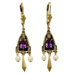 Vintage JJT 14K Gold Cultured Pearl and Purple Stone Leverback Earrings