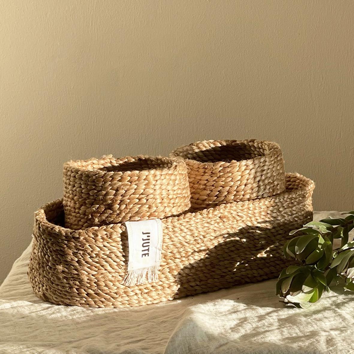 Indian J'Jute Handmade Jute Tray Baskets, Natural For Sale