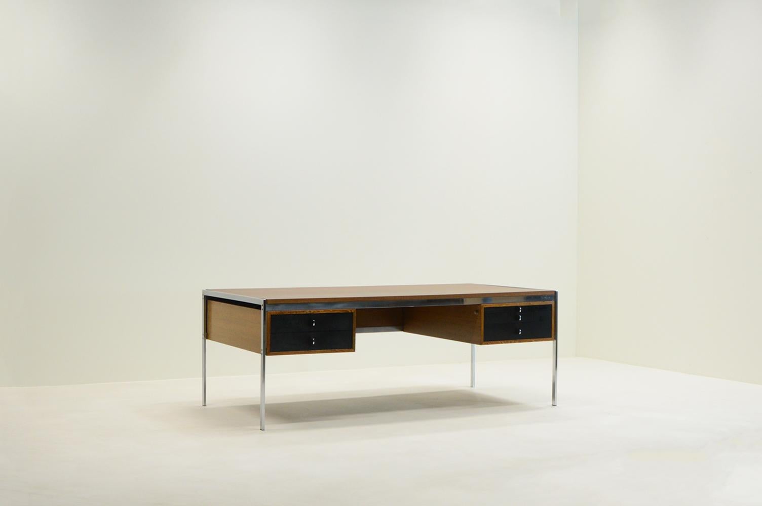 JK 204 desk by Jorgen Kastholm for kill international, 1960s Germany. Large and heavy desk made from veneer and solid chromed metal. 5 deep black laminated drawers that give plenty storage. The top has been refinished. In good vintage