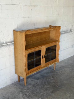 JK Møbler ApS Scalloped Two-Door Oak and Glass Bookcase Danish Vintage 1970s