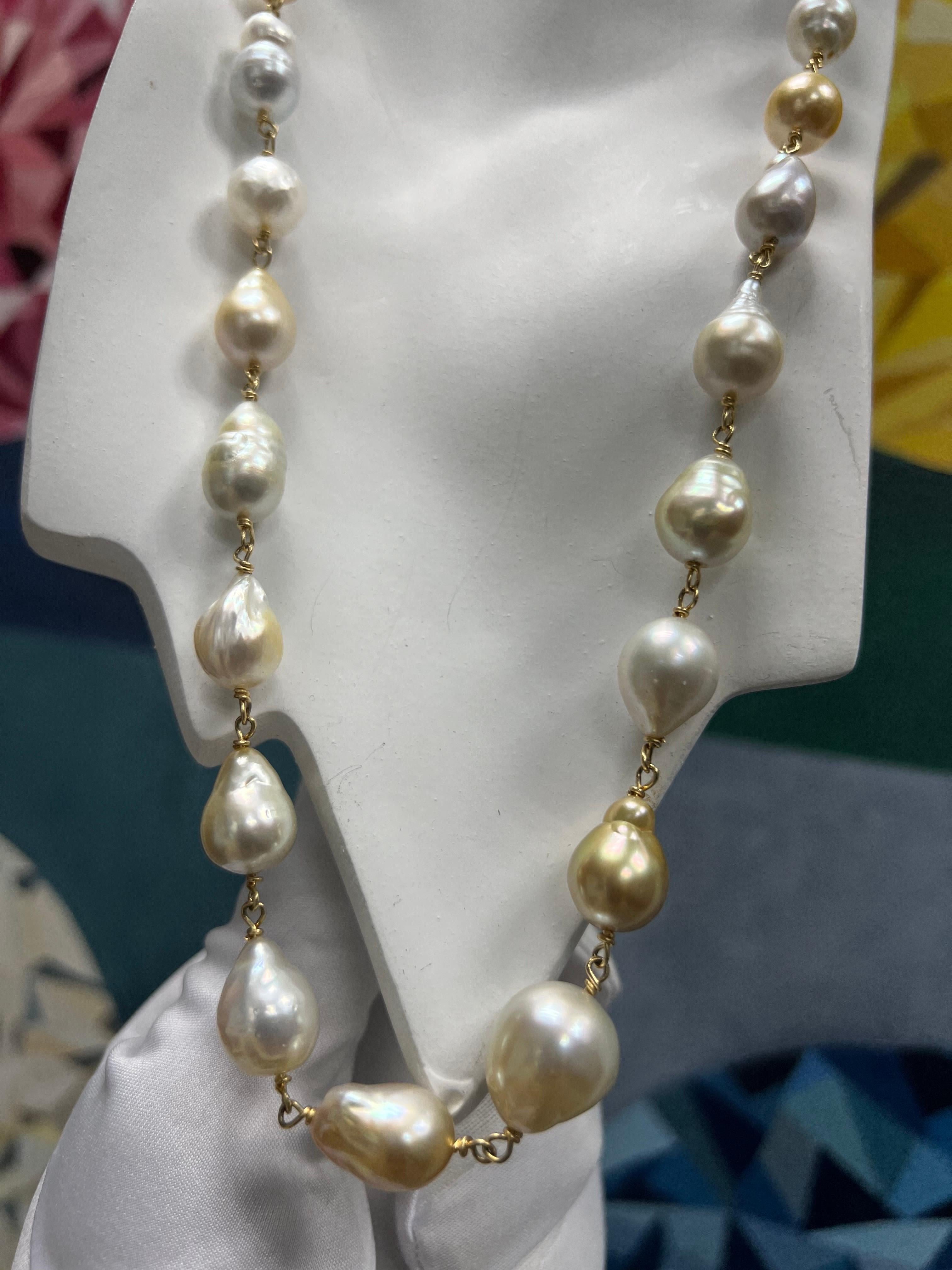 Uncut JKa Australian South Sea Multi-Color 9-14mm Baroque Pearl 27 Inch Gold Necklace For Sale