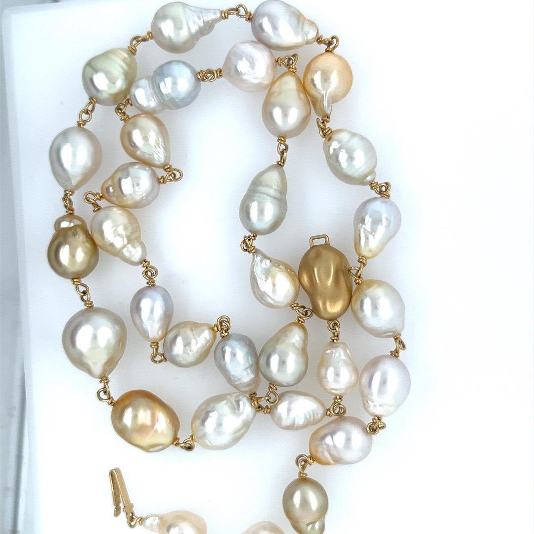 JKa Australian South Sea Multi-Color 9-14mm Baroque Pearl 27 Inch Gold Necklace In Good Condition For Sale In Los Angeles, CA