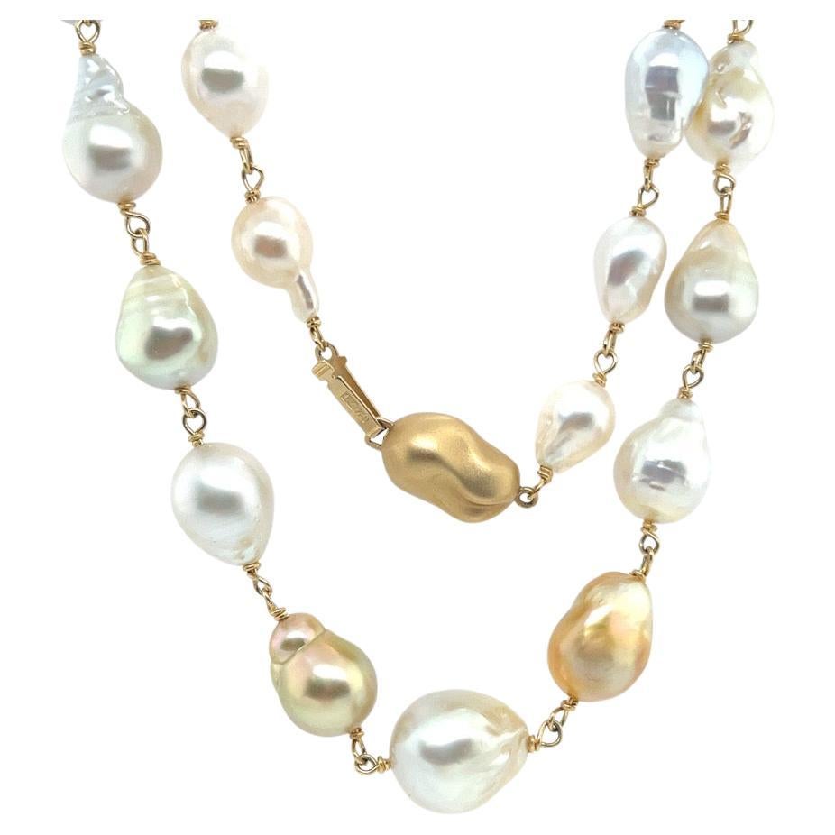 JKa Australian South Sea Multi-Color 9-14mm Baroque Pearl 27 Inch Gold Necklace For Sale