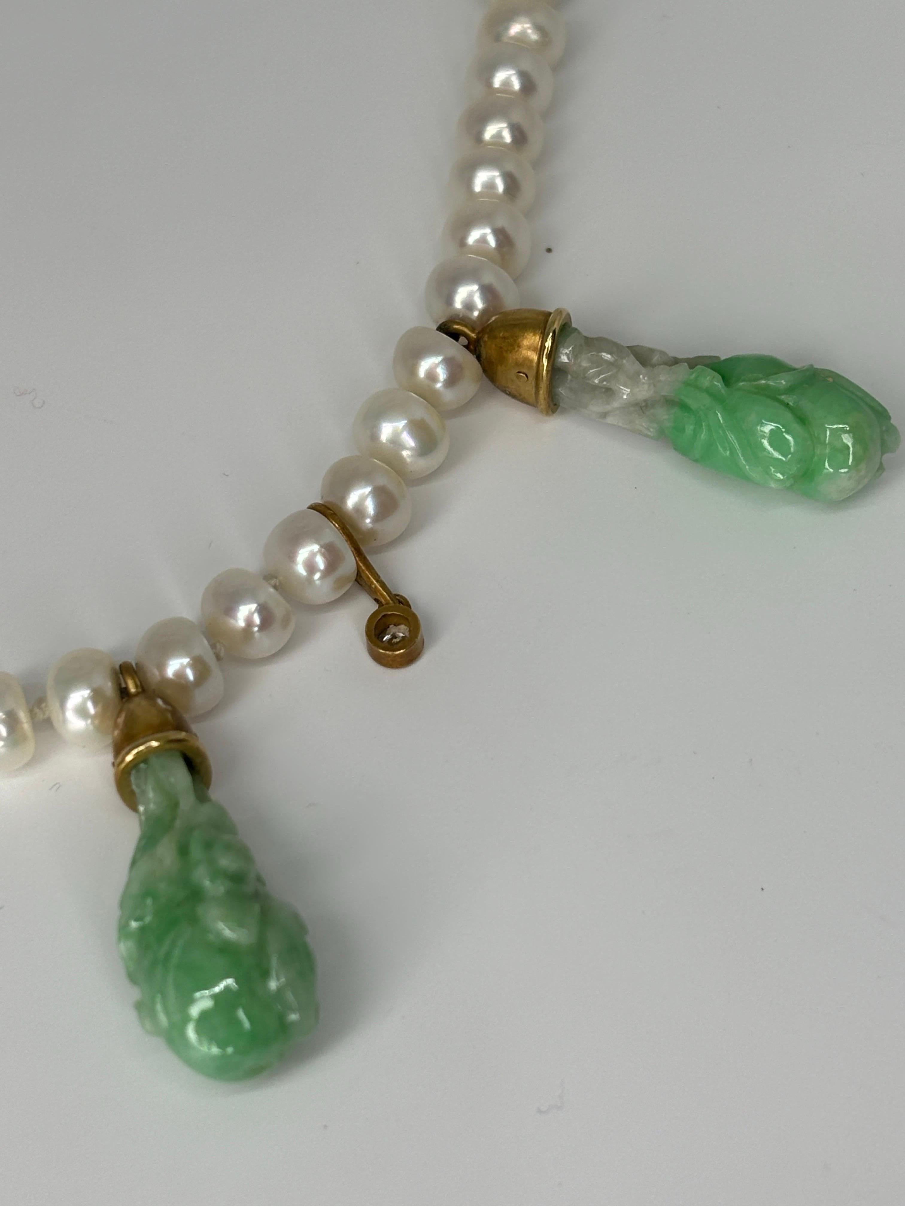 JKa Kohle & Co Yellow Gold Carved Natural Jadeite Diamond Pearl Drop Necklace For Sale 5
