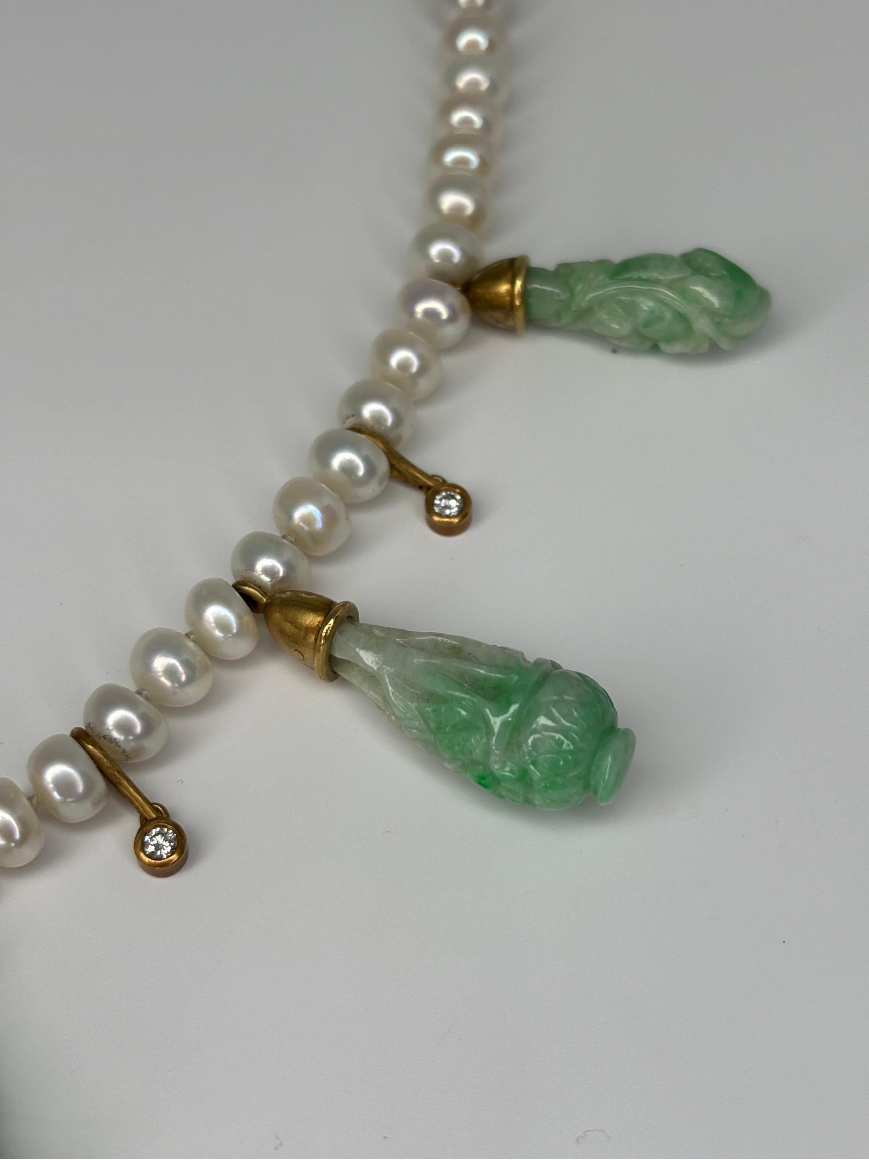 JKa Kohle & Co Yellow Gold Carved Natural Jadeite Diamond Pearl Drop Necklace For Sale 6