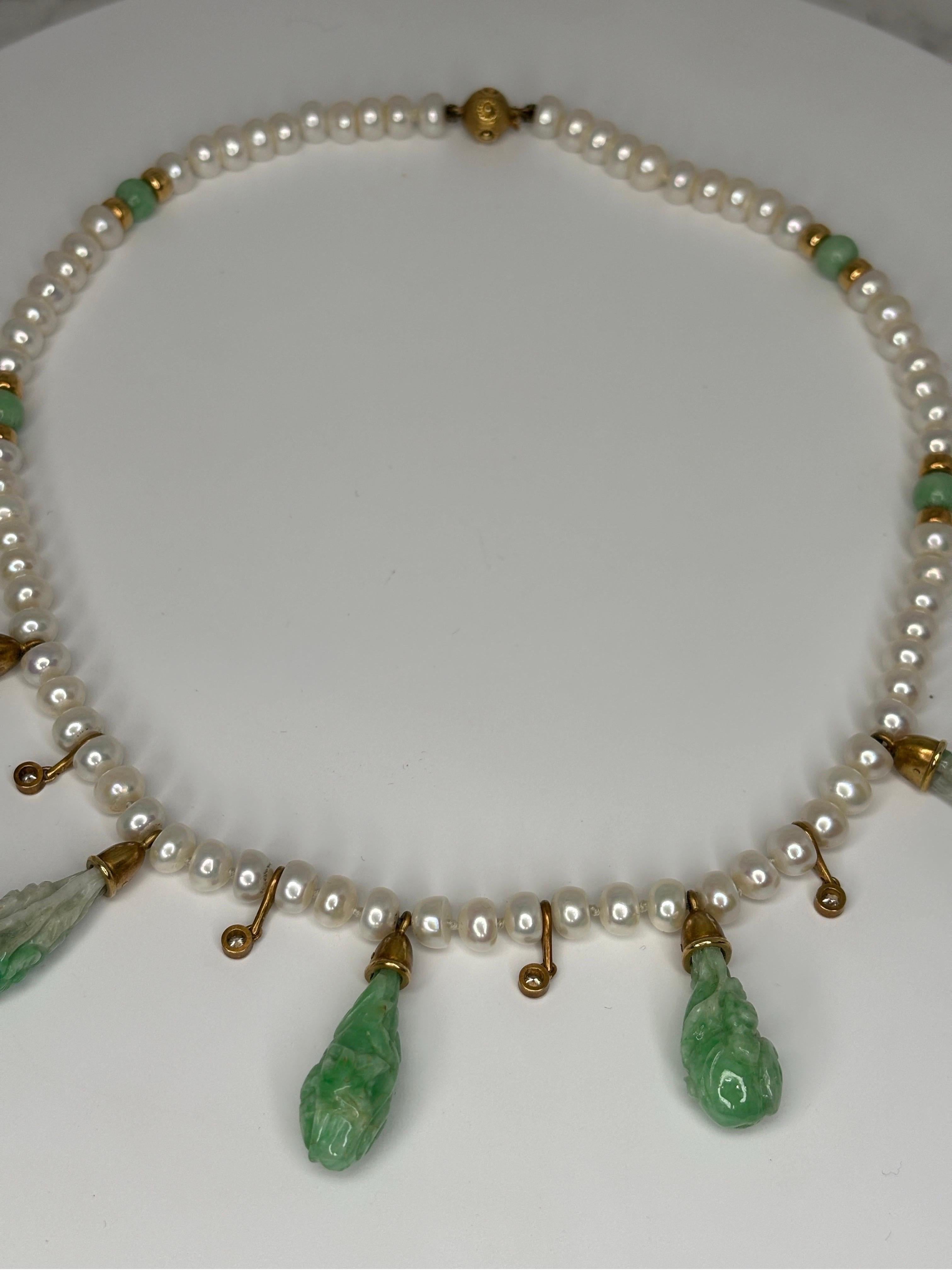 JKa Kohle & Co Yellow Gold Carved Natural Jadeite Diamond Pearl Drop Necklace For Sale 7