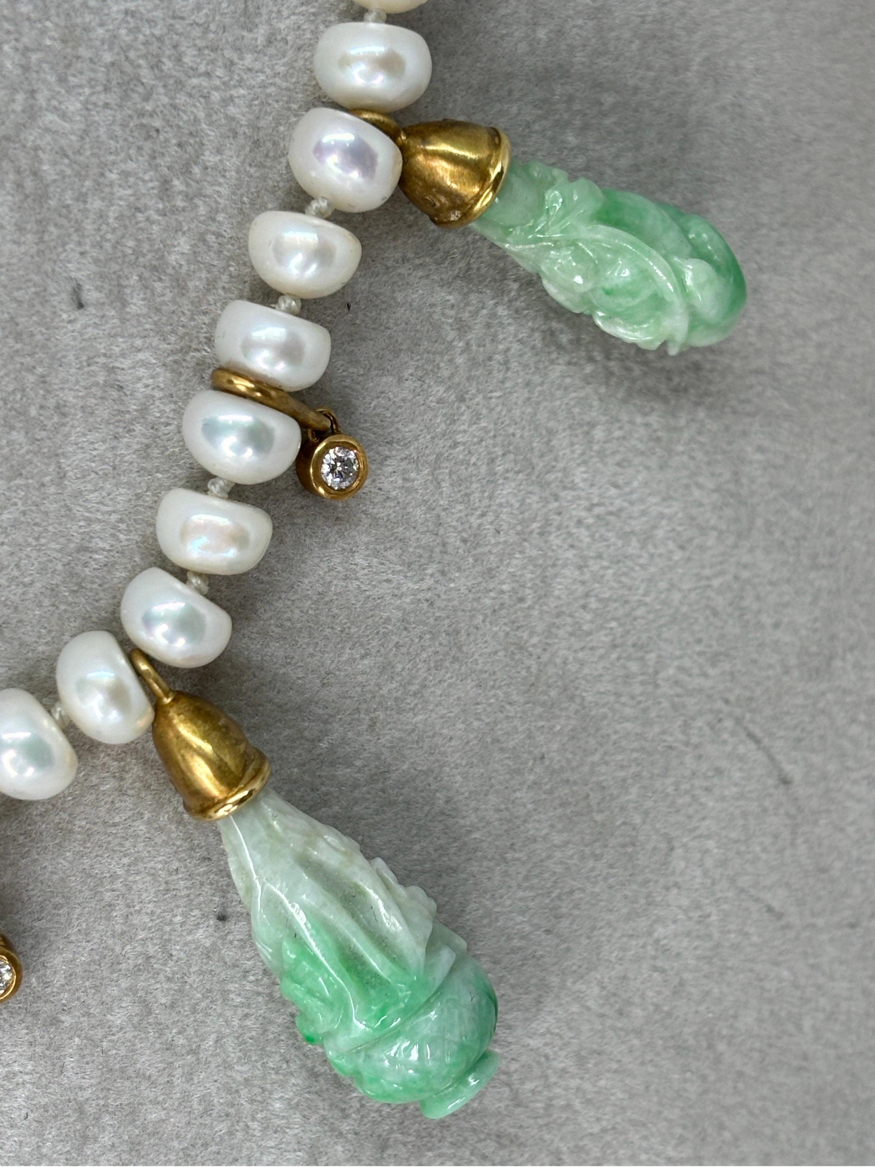 JKa Kohle & Co Yellow Gold Carved Natural Jadeite Diamond Pearl Drop Necklace For Sale 8