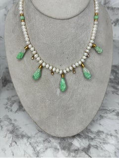 JKa Kohle & Co Yellow Gold Carved Natural Jadeite Diamond Pearl Drop Necklace