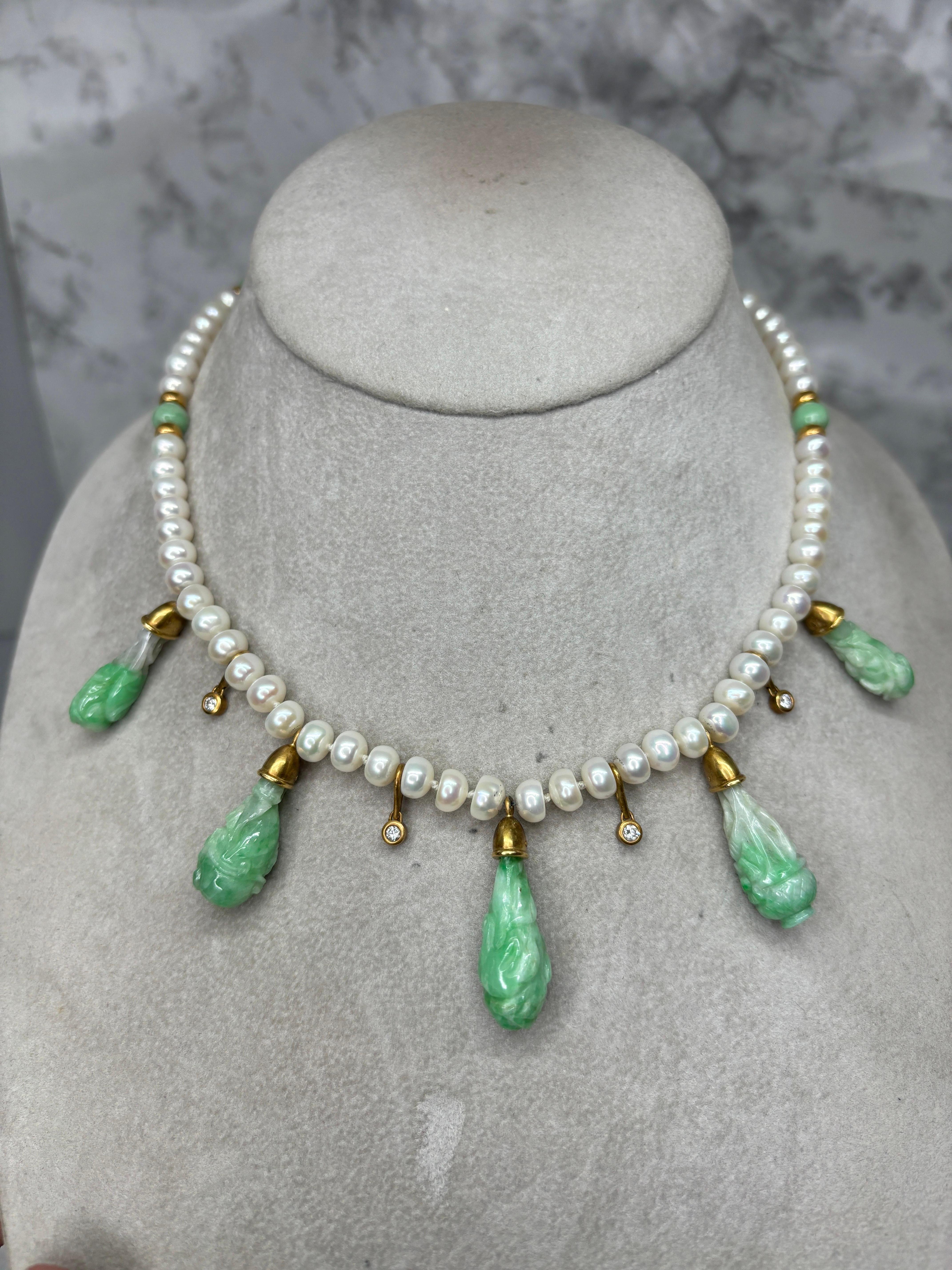 Contemporary JKa Kohle & Co Yellow Gold Carved Natural Jadeite Diamond Pearl Drop Necklace For Sale