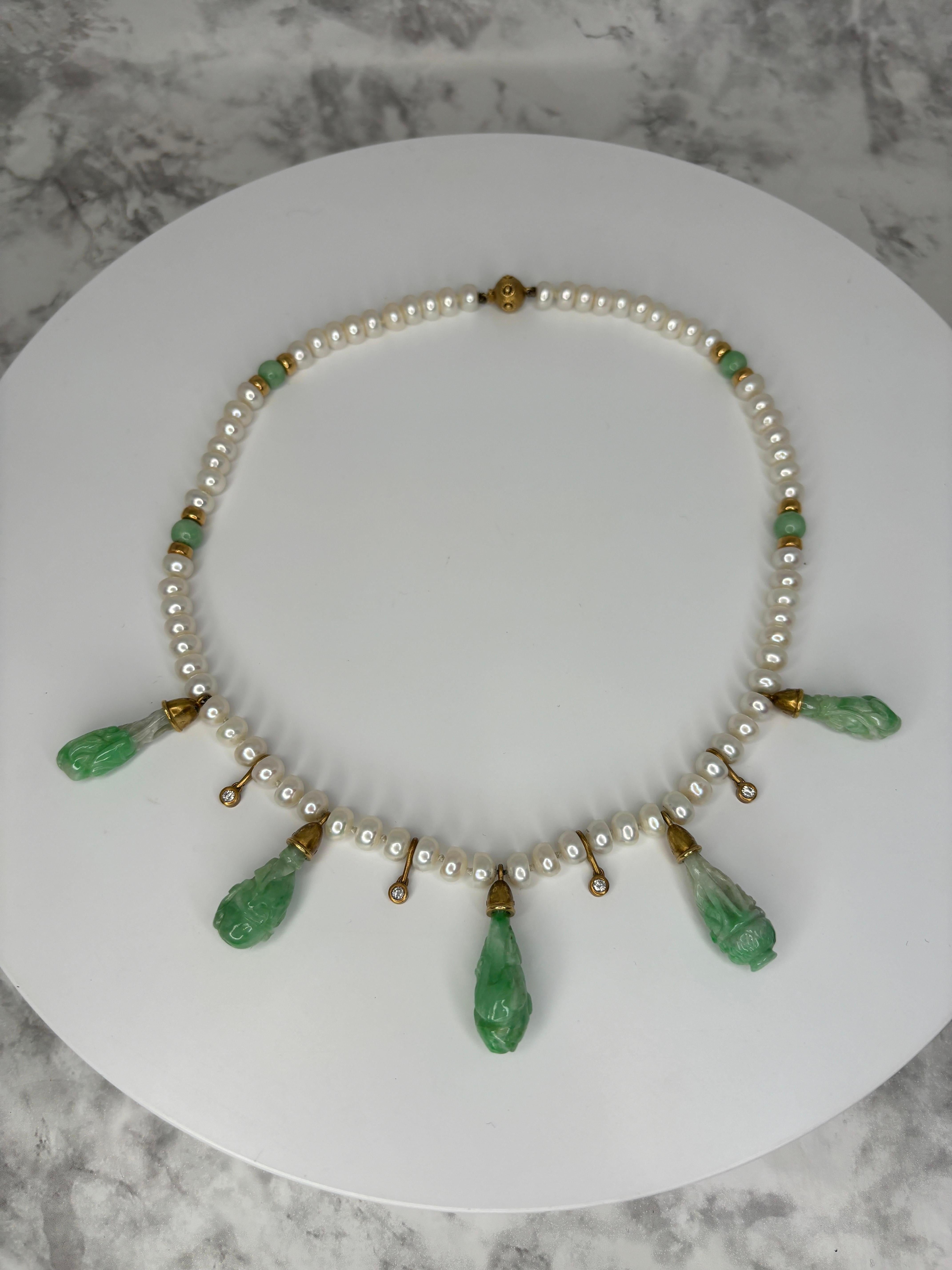 Brilliant Cut JKa Kohle & Co Yellow Gold Carved Natural Jadeite Diamond Pearl Drop Necklace For Sale