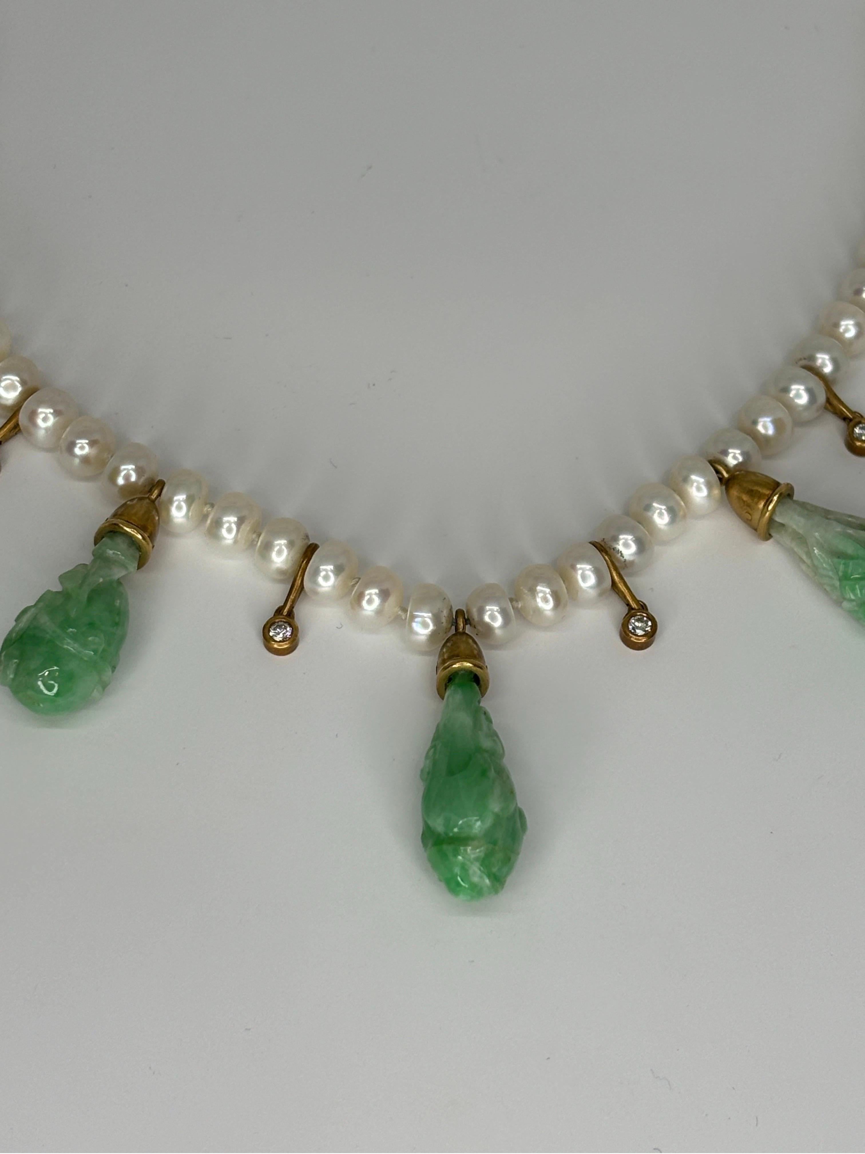 JKa Kohle & Co Yellow Gold Carved Natural Jadeite Diamond Pearl Drop Necklace In Good Condition For Sale In Bernardsville, NJ