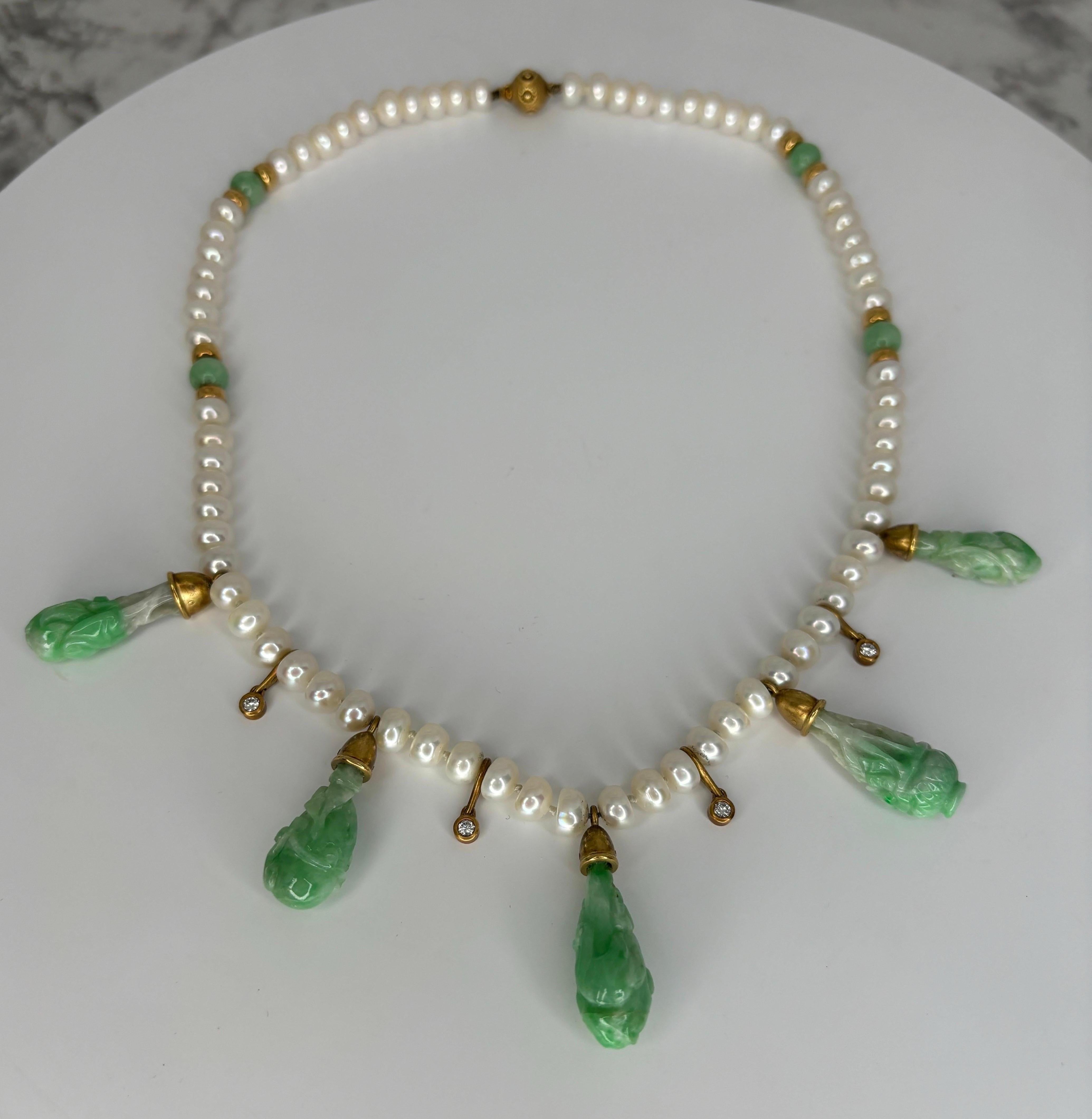 Women's JKa Kohle & Co Yellow Gold Carved Natural Jadeite Diamond Pearl Drop Necklace For Sale