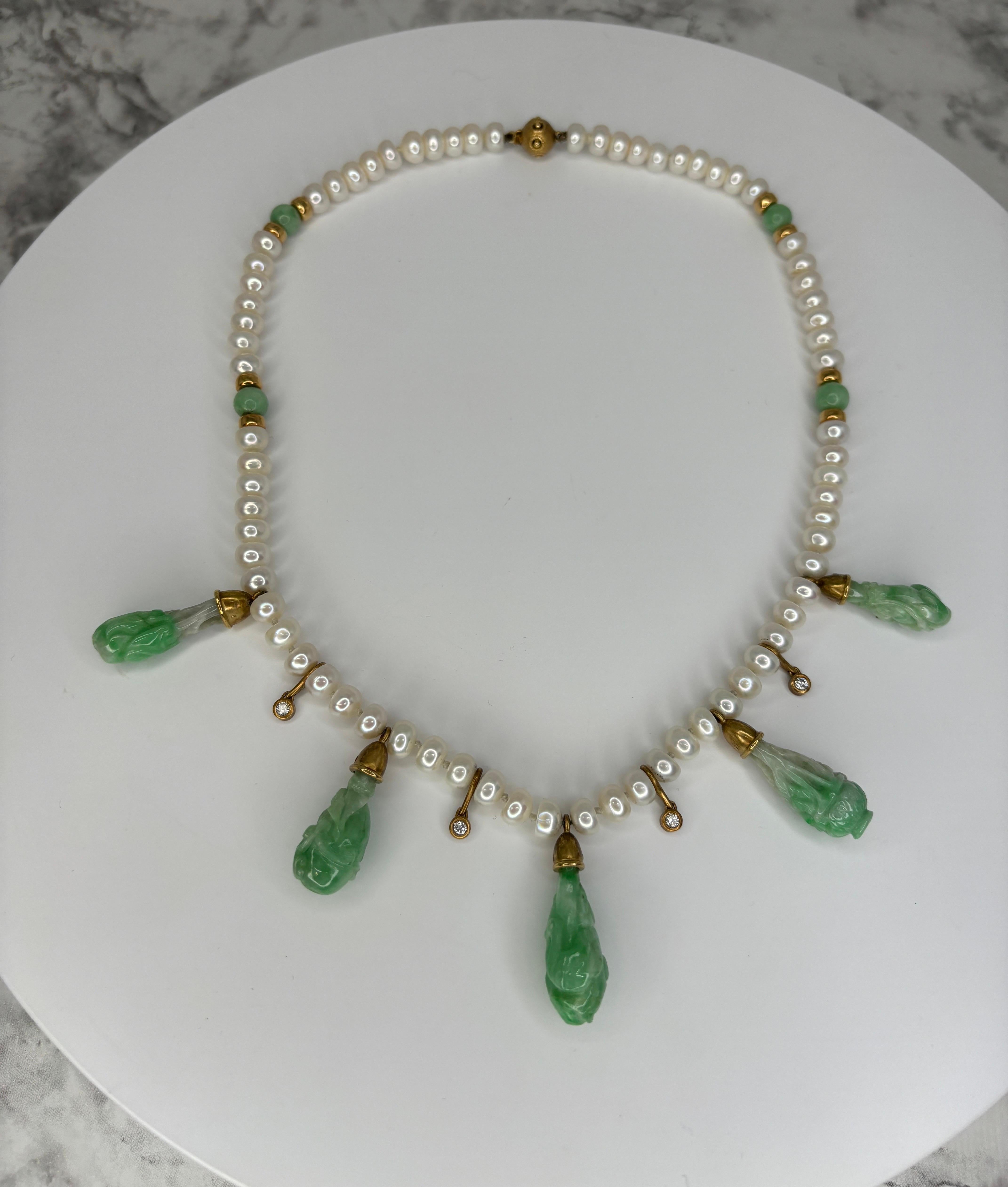JKa Kohle & Co Yellow Gold Carved Natural Jadeite Diamond Pearl Drop Necklace For Sale 1