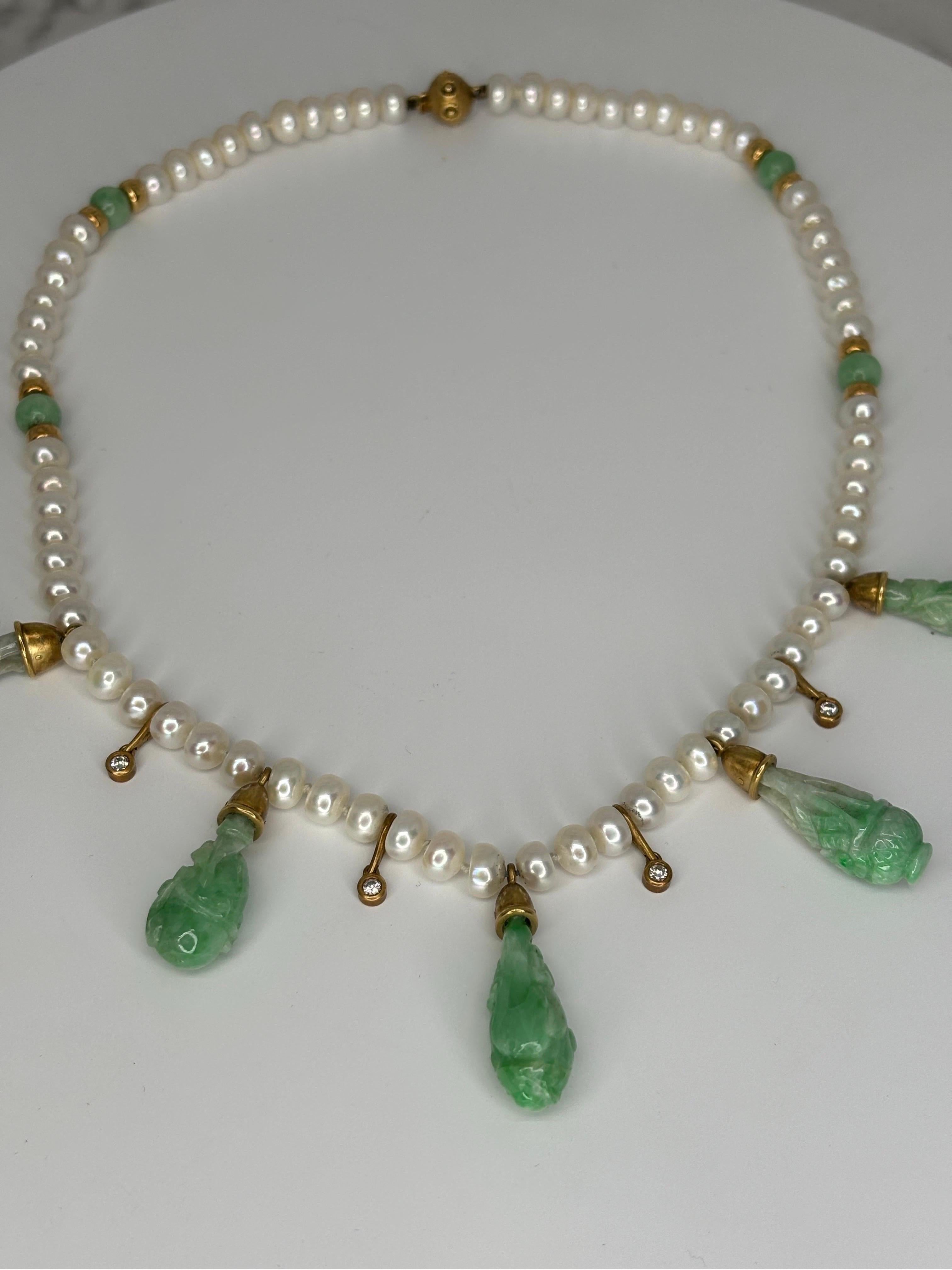 JKa Kohle & Co Yellow Gold Carved Natural Jadeite Diamond Pearl Drop Necklace For Sale 2